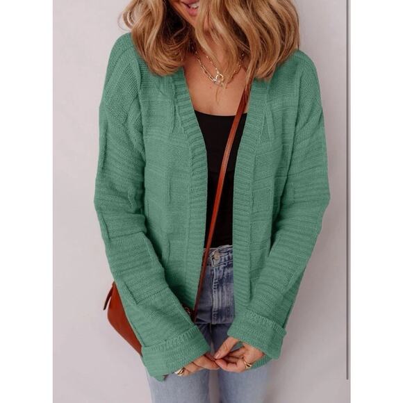 Open Front Cable Knit Cardigan Pockets Womens Medium Mist Green Lightweight NEW - Picture 3 of 8